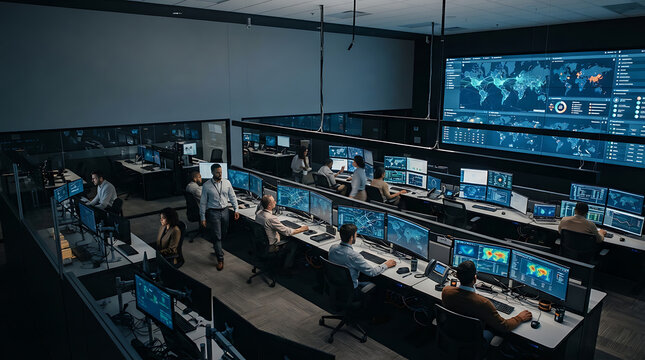 Modern mission control center with specialists monitoring global data and cybersecurity analytics on multiple digital displays