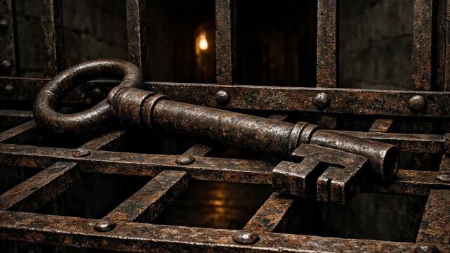 Old rusty iron key on a metal grate in a dark dungeon