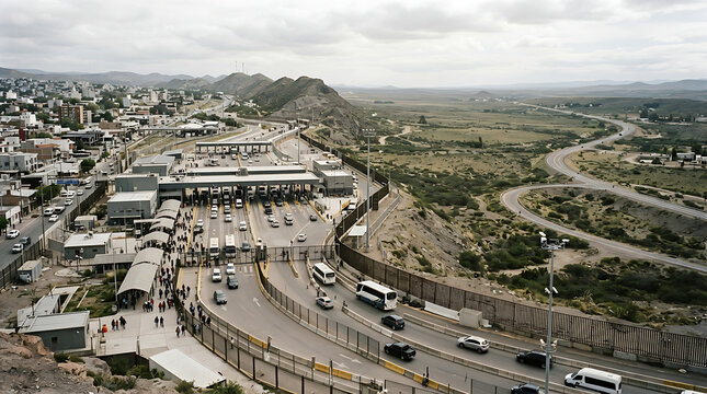 Aerial view of international border crossing with checkpoint and wall barrier