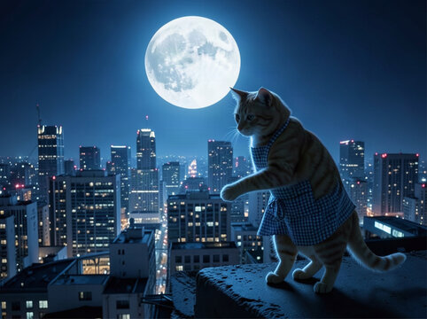 Cute ginger cat wearing checkered dress walking on skyscraper rooftop edge under big glowing full moon at night