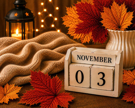 Wooden block calendar showing November 03 date with cozy knitted sweater burning candle lantern and autumn leaves