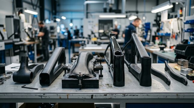 Carbon fiber layup molds for various bicycle frame sizes arranged for sequential manufacturing.