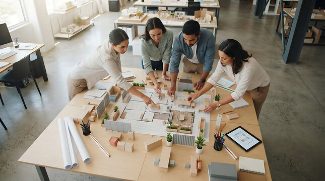 Diverse Group Of Creative Architects Collaborating On Miniature Project Model In Office