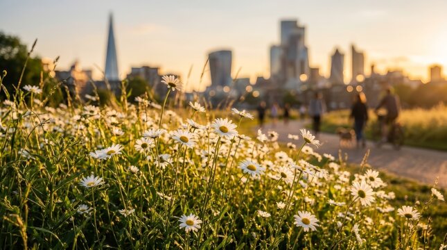 Wildflowers blooming in an urban green space to promote city biodiversity.