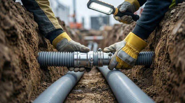 Worker hands securing flexible conduits in a trenchless borehole for cable management.