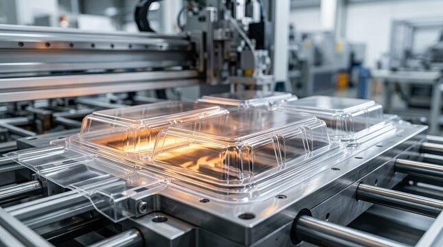 Thermoforming machine process transforming plastic sheets into clamshell packaging.