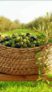 Olives harvest basket resting on wooden table in sunny mediterranean grove for agriculture industry
