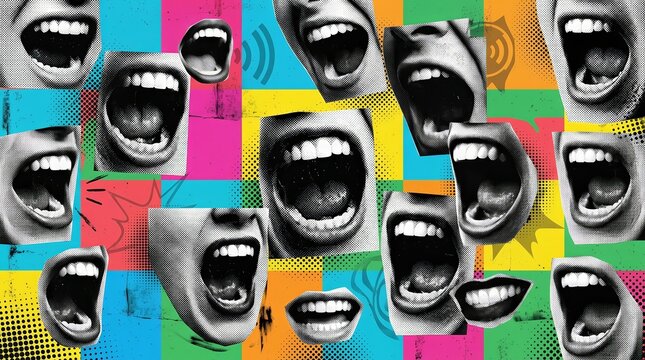 Contemporary art collage featuring screaming mouths and vocal expressions.