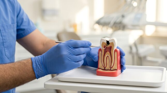 Dentist demonstrating tooth anatomy model with cavity details for dental care education.