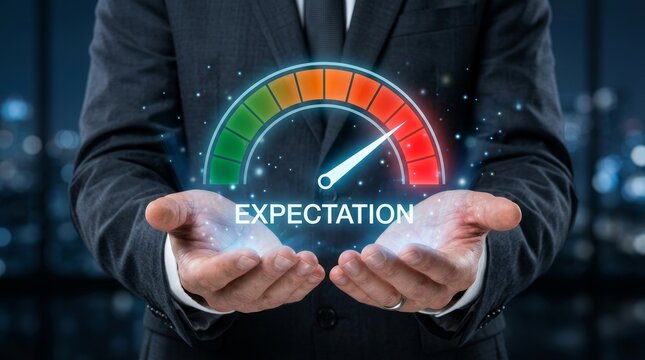 Digital gauge indicator showing business expectation and performance measurement above a businessman's hand.