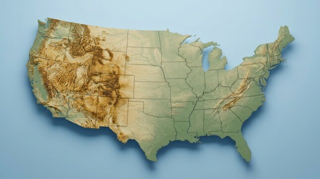 Topographical map of the United States showing elevation and geographic boundaries.