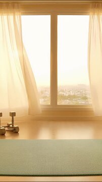Yoga mat near dumbbells with flowing curtains in sunny home gym interior
