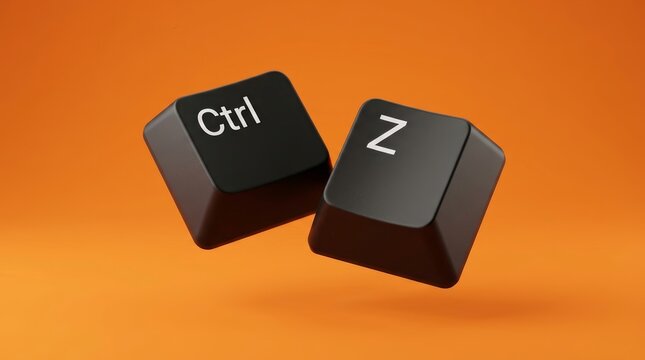 3D computer keys Ctrl and Z floating on an orange background to undo last action.