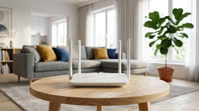 Modern wireless router with four antennas on a wooden coffee table in a bright living room.