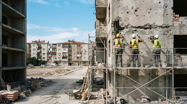 Construction workers repairing a damaged building facade with scaffolding in a city neighborhood