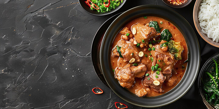 Traditional Filipino peanut stew with tender oxtail meat served in a black bowl on a dark textured surface with side dishes of rice and vegetables for an authentic asian dinner meal presentation exper