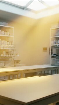 Laboratory interior featuring glowing golden light rays illuminating shelves of scientific glass containers