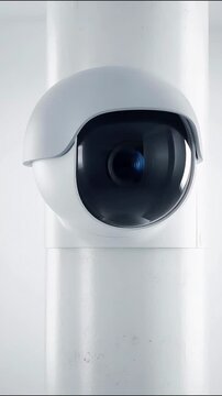 Surveillance security camera rotating slowly on a modern white pole in high resolution