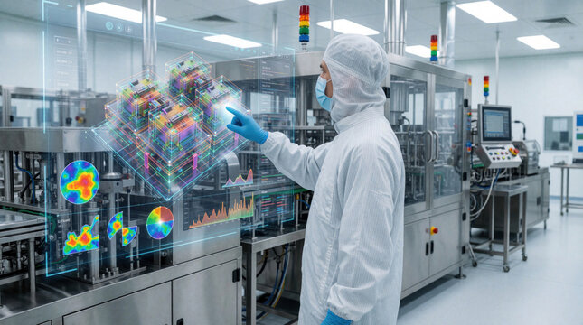 Engineer in cleanroom uses virtual interface to check machine performance. Worker interacts with data visualization for factory production analysis.