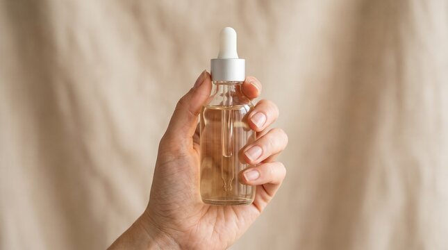 blank glass skincare serum bottle in a bright minimal indoor setting with soft natural light for beauty care