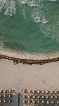 Aerial view of a sunlit shoreline lined with rows of beach palapas