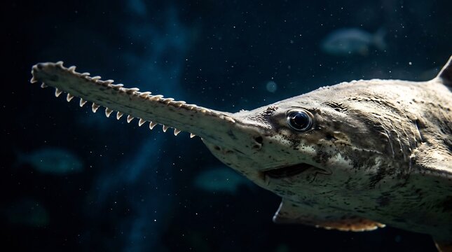 Detailed close-up of a sawfish head highlighting the unique toothed