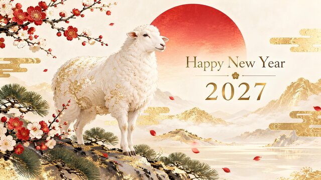 2027年未年、山々と初日の出を背にした羊の年賀状 / 2027 Year of the Sheep card with sheep, mountains and first sunrise (Generative AI)
