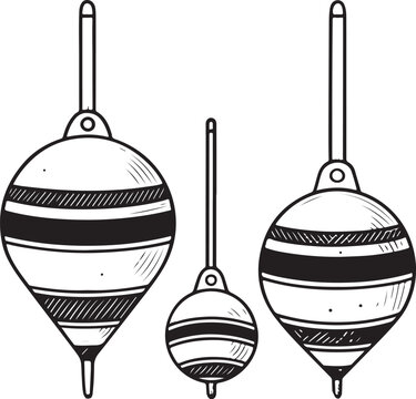 Fishing bobbers (fishing gear and equipment) Simple Hand-drawn Sketch Doodle Drawing Vector Illustration, Black and white Line Linear Isolated Art