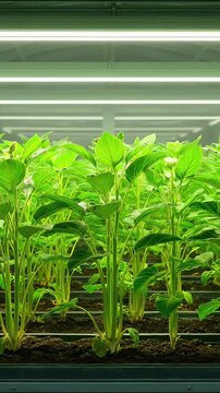 Hydroponic plants growing under bright artificial LED lighting for indoor agricultural industrial farming