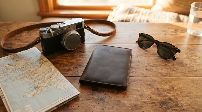 Travel Map Digital Camera and Stylish Pair of Sunglasses Layout Composition on Wooden Table Surface