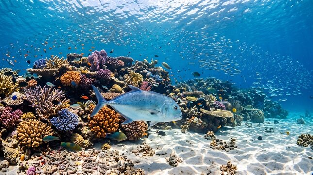 Large Blue Jack Fish Swimming Near Vibrant Coral Reef Ecosystem