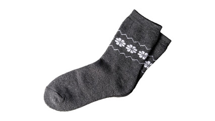 Pair of thick grey knitted socks with white floral pattern clothing footwear seasonal material knitting isolated © Tahmina
