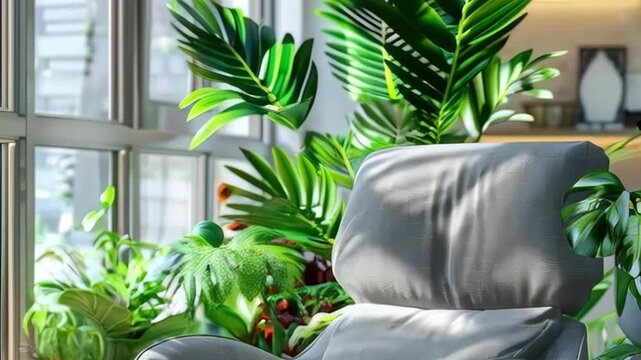 Cozy Gray Armchair Surrounded by Lush Indoor Plants in a Sunlit Room