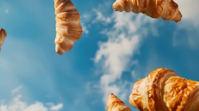 Golden Croissant Pastries Falling Against a Blue Sky