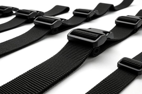 Several black nylon utility straps with plastic buckles lay arranged on white surface. These straps are for fastening gear, organizing items, and securing bags and equipment for travel or outdoor use.