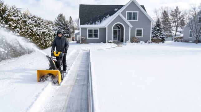 Man operating snowblower to clear suburban driveway in bright winter daylight with ample copy space