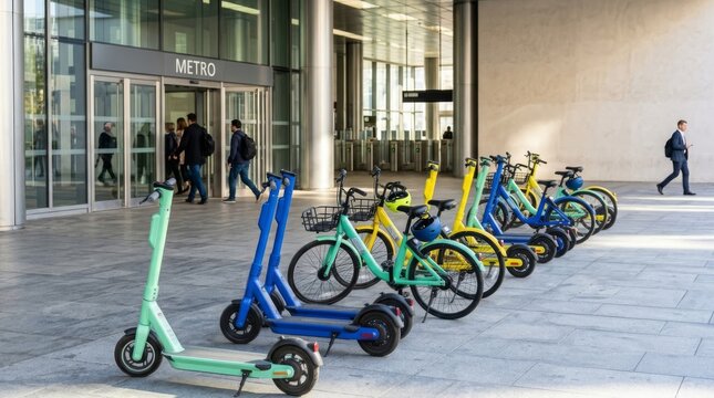Shared electric scooters and bikes lined up outside a modern metro station entrance, representing urban commuting choices