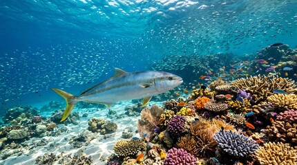 Fototapeta premium Kingfish Swimming Through Clear Blue Water Near Colorful Coral Reef