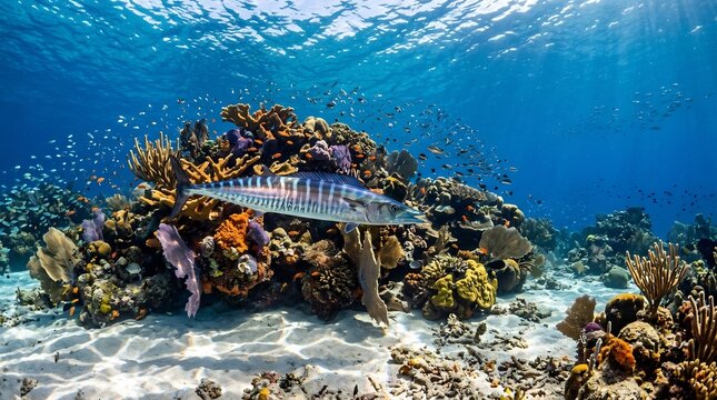 Slender striped wahoo fish swimming across a colorful coral reef