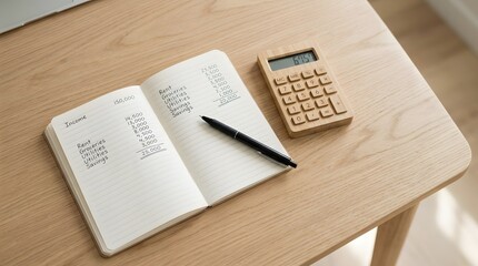 Obraz premium Paper Notebook and Calculator Arranged on Desk Surface for Personal Budgeting and Financial Planning