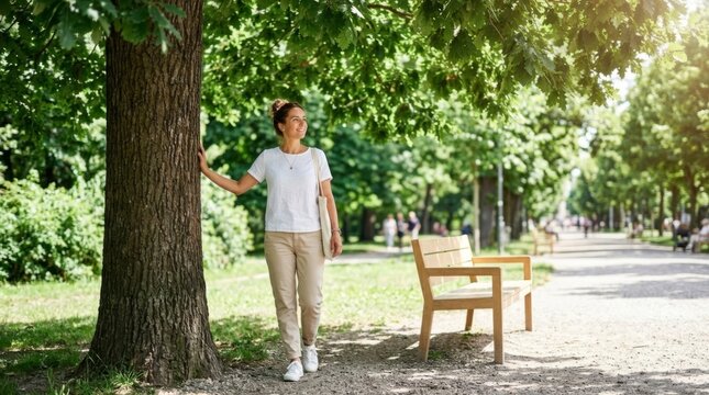 Woman enjoys a shady walk in a sunny park, taking a break from the heat on a bright summer day
