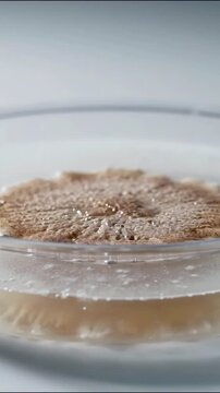 Fermentation process in petri dish showing active chemical reaction bubbles for scientific research