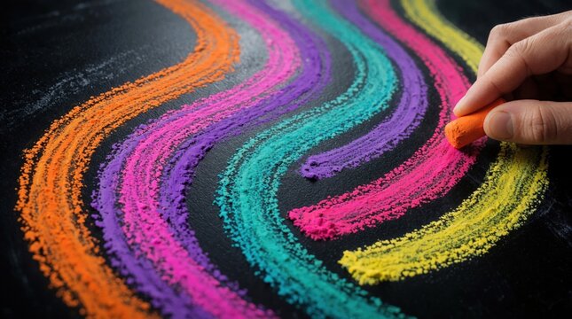 Hand draws colorful chalk lines on dark surface. Abstract art pattern made with pastel crayons, creating vibrant curved shapes. Creativity, imagination, and fun.