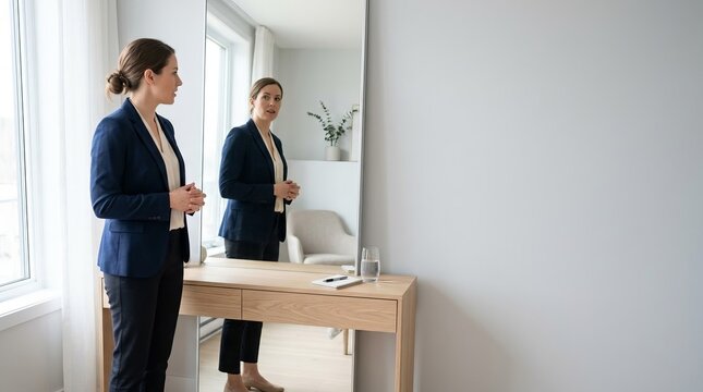 Professional woman rehearsing for a job interview in front of a mirror, preparing for success in a bright, modern office setting with ample copy space.