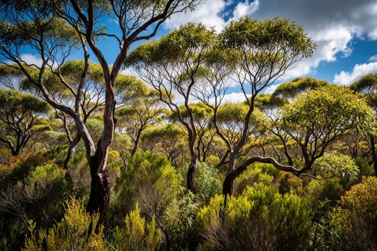 Australian bushland features native gum trees and dense shrubs under a bright sky with clouds. Green foliage thrives in the wild natural habitat, showing vibrant growth and organic textures.