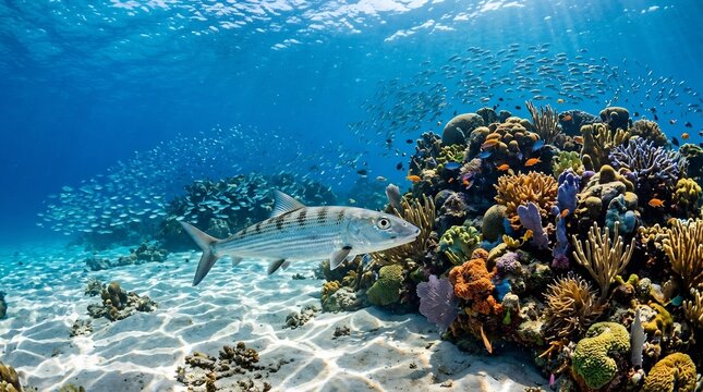 Silver Bonefish Swimming Near Colorful Coral Reef