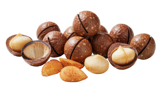 Pile of whole and cracked macadamia nuts with almonds, isolated on transparent background
