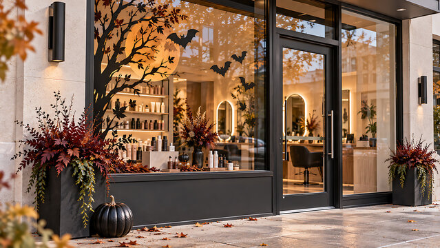Storefront decorated for halloween featuring bat silhouettes and autumn floral displays at dusk halloween decor shop exterior halloween theme fall decorations window decorations retail store