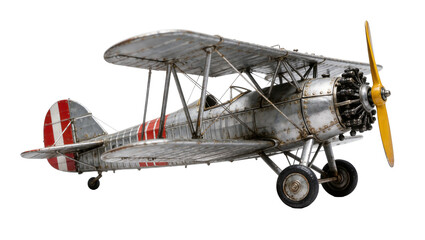 Vintage biplane model with silver metal body and red stripes, isolated on transparent background © Jn