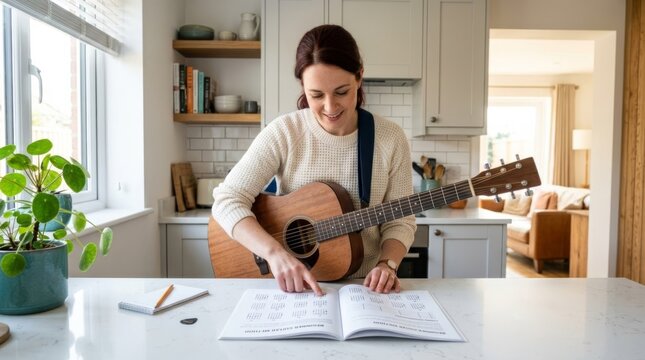 Woman learning guitar in bright kitchen with beginner's method book, practicing chords with copy space